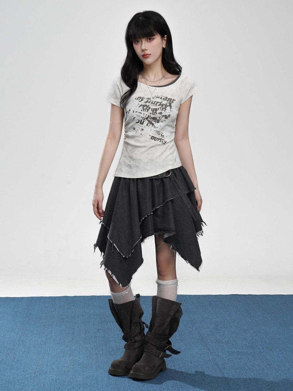 VEEMIX Gray Tie Dye Fake Layered Letter Print Women's Cotton Short Sleeve T-shirts