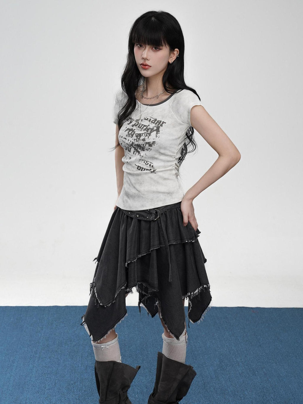 VEEMIX Gray Tie Dye Fake Layered Letter Print Women's Cotton Short Sleeve T-shirts