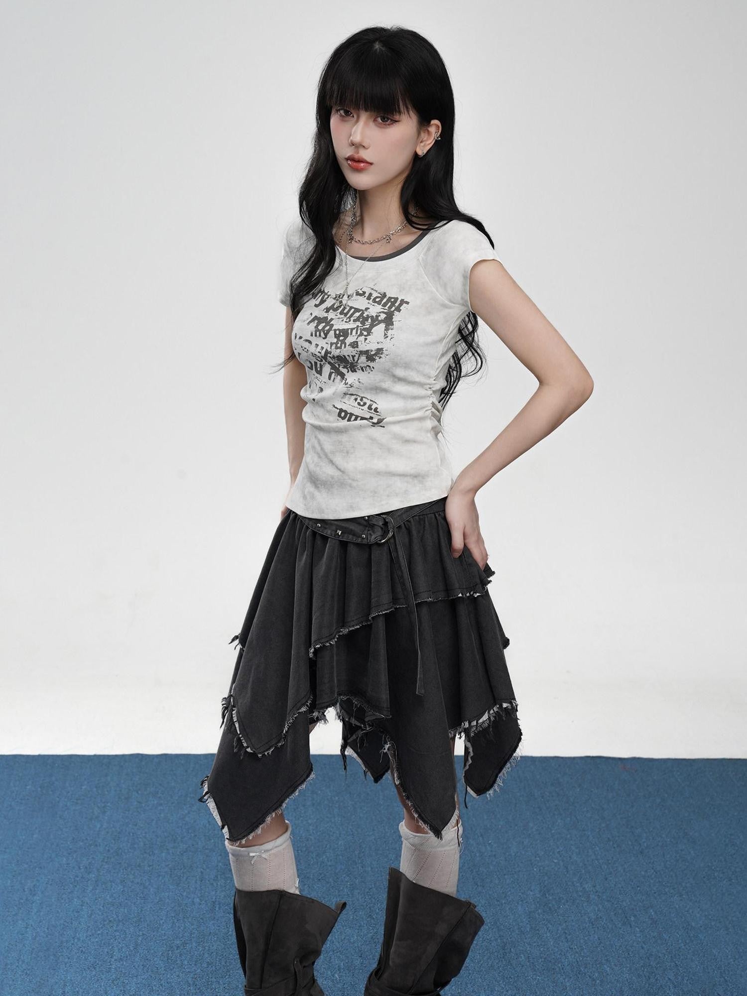 VEEMIX Gray Tie Dye Fake Layered Letter Print Women's Cotton Short Sleeve T-shirts