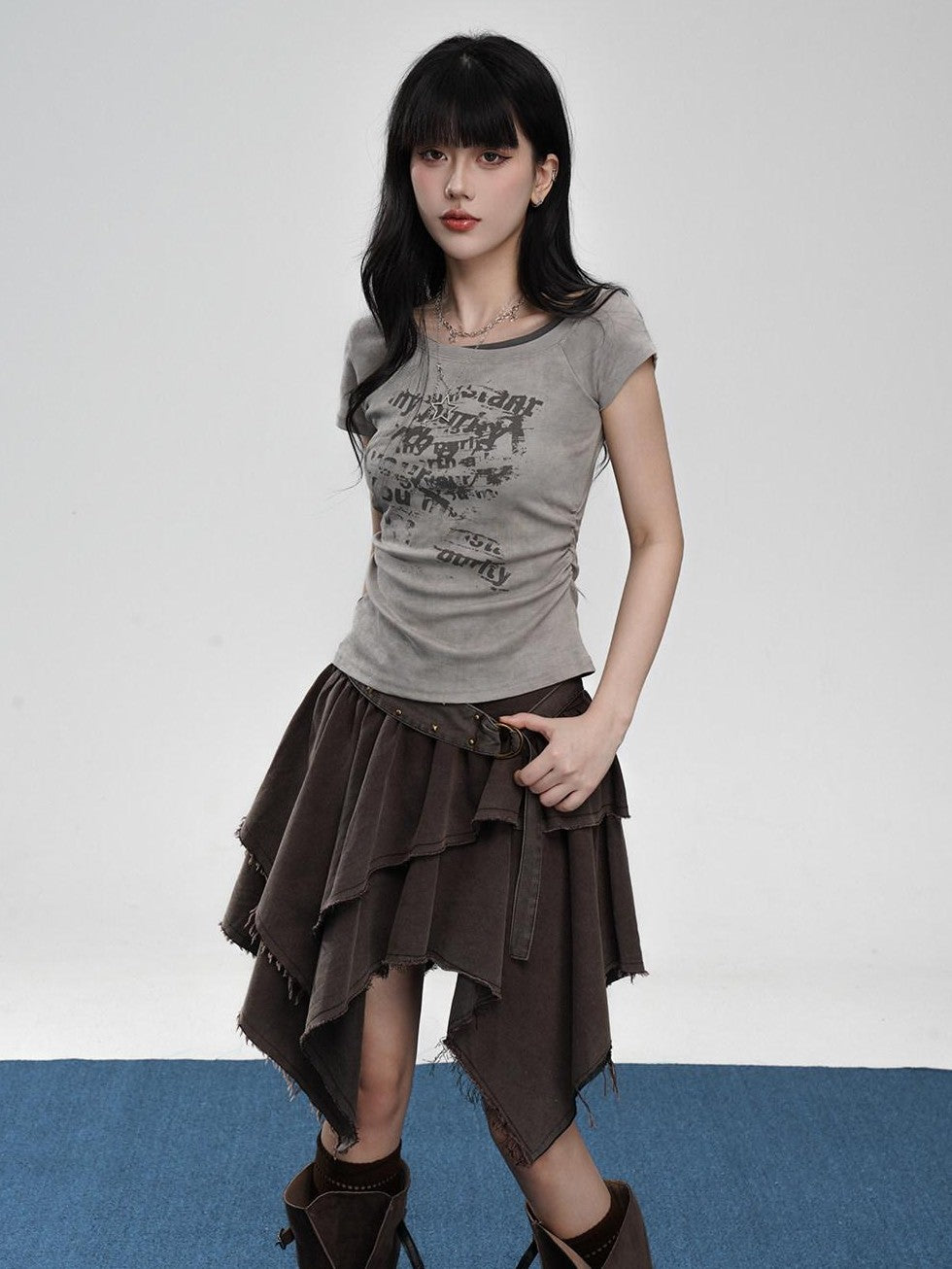 VEEMIX Gray Tie Dye Fake Layered Letter Print Women's Cotton Short Sleeve T-shirts