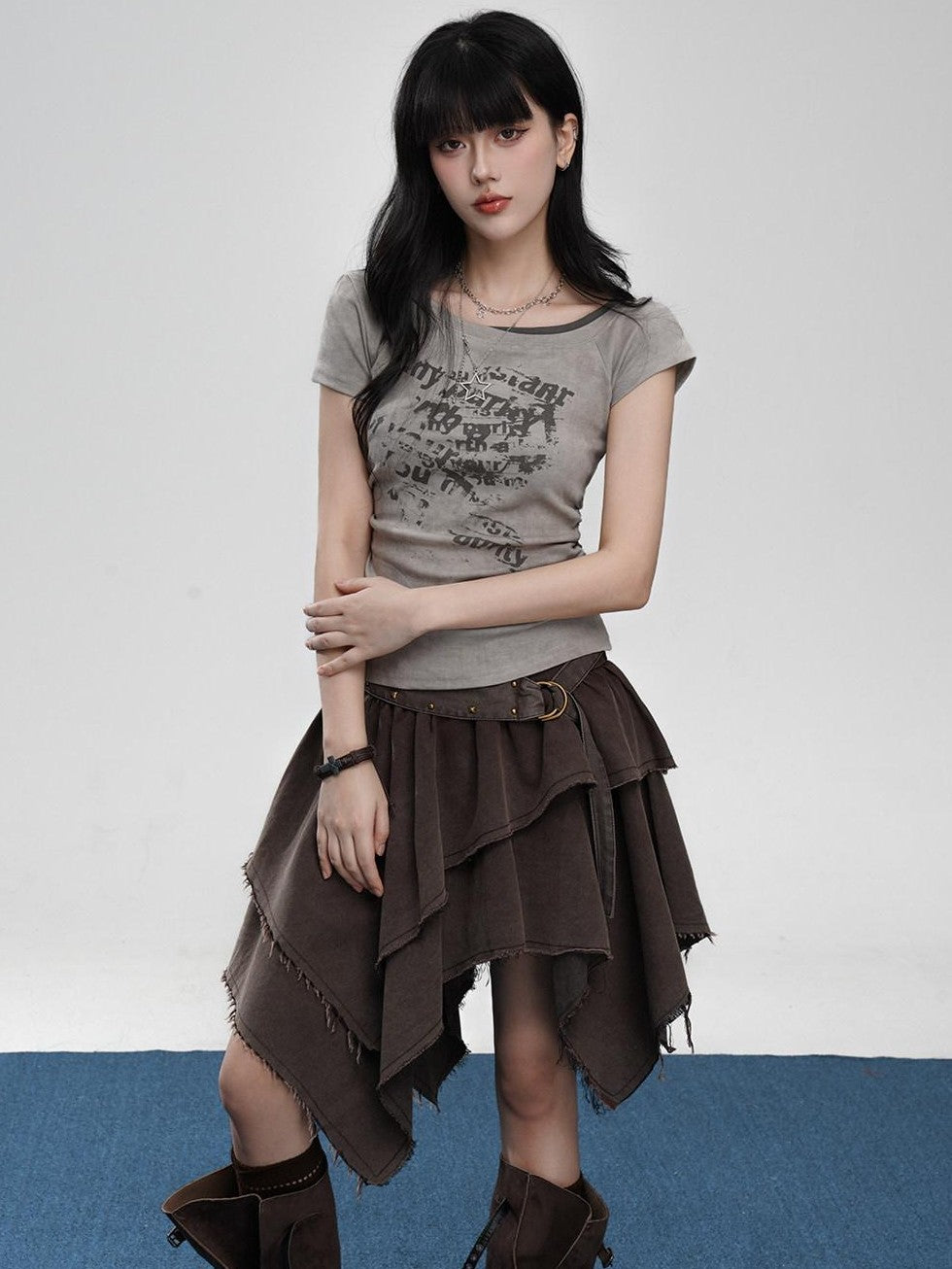 VEEMIX Gray Tie Dye Fake Layered Letter Print Women's Cotton Short Sleeve T-shirts