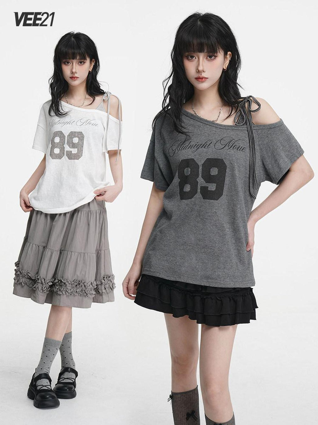 VEEMIX Gray Tie Strap Asymmetric Letter Print Women's Cotton Off-shoulder T-shirts