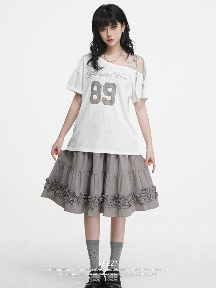 VEEMIX Gray Tie Strap Asymmetric Letter Print Women's Cotton Off-shoulder T-shirts