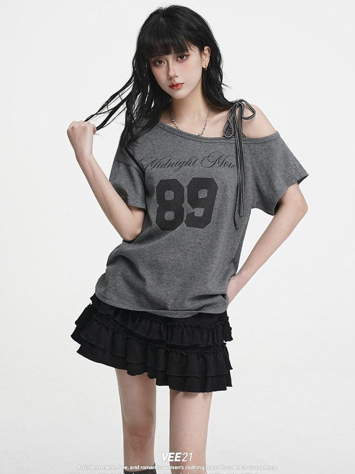 VEEMIX Gray Tie Strap Asymmetric Letter Print Women's Cotton Off-shoulder T-shirts