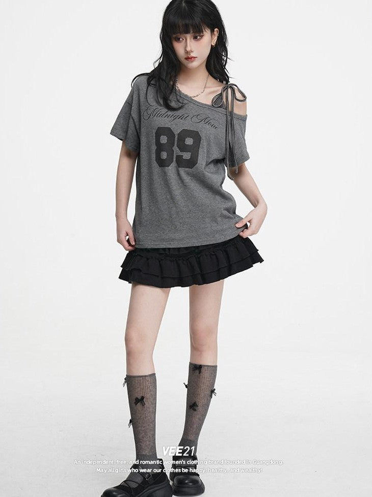VEEMIX Gray Tie Strap Asymmetric Letter Print Women's Cotton Off-shoulder T-shirts