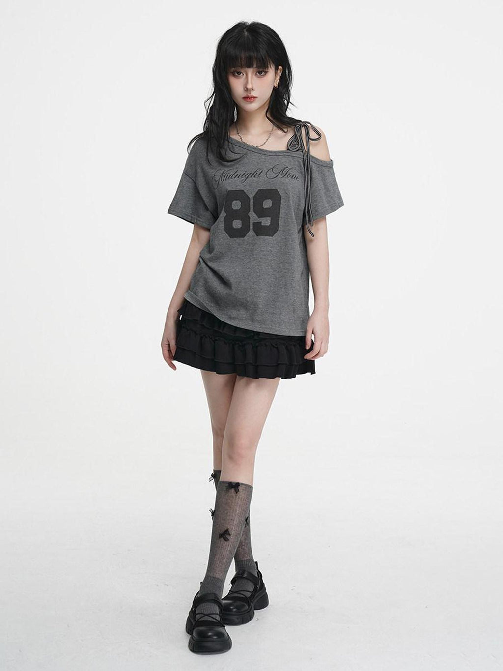 VEEMIX Gray Tie Strap Asymmetric Letter Print Women's Cotton Off-shoulder T-shirts