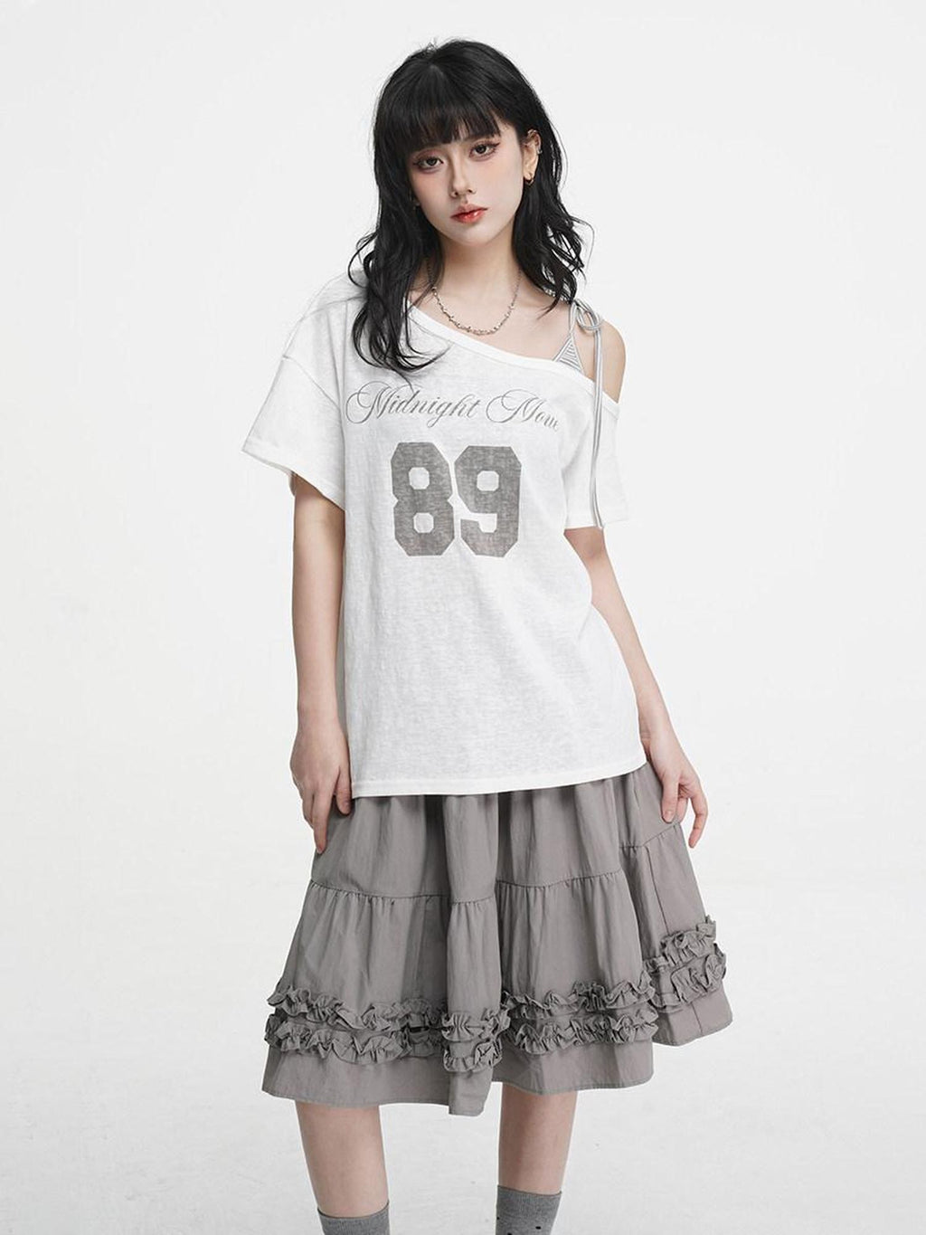 VEEMIX Gray Tie Strap Asymmetric Letter Print Women's Cotton Off-shoulder T-shirts