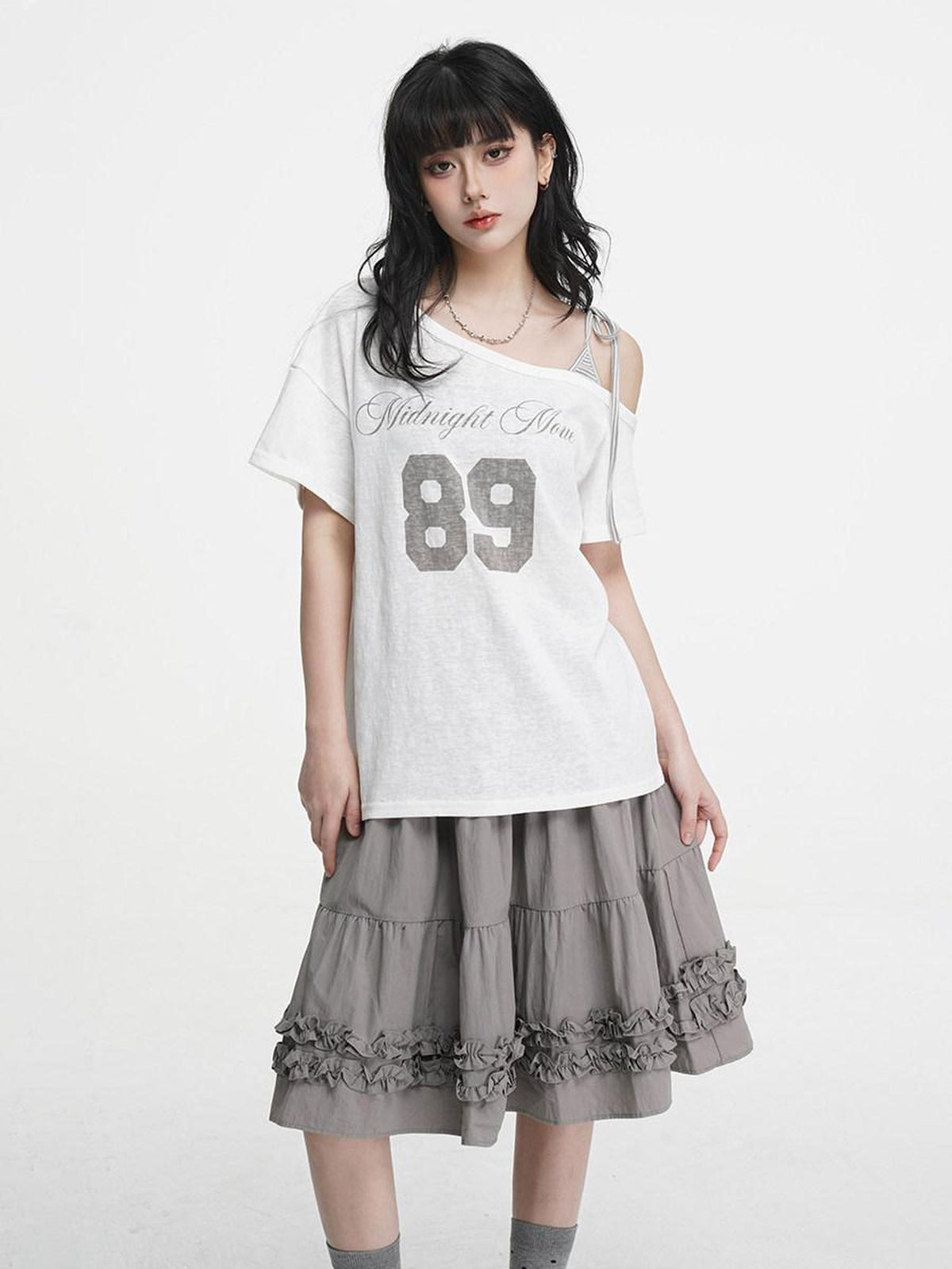 VEEMIX Gray Tie Strap Asymmetric Letter Print Women's Cotton Off-shoulder T-shirts