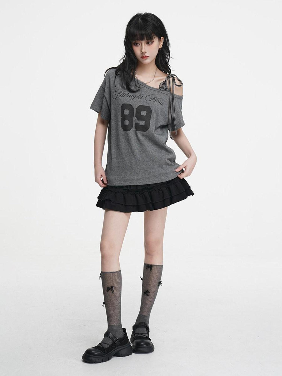 VEEMIX Gray Tie Strap Asymmetric Letter Print Women's Cotton Off-shoulder T-shirts