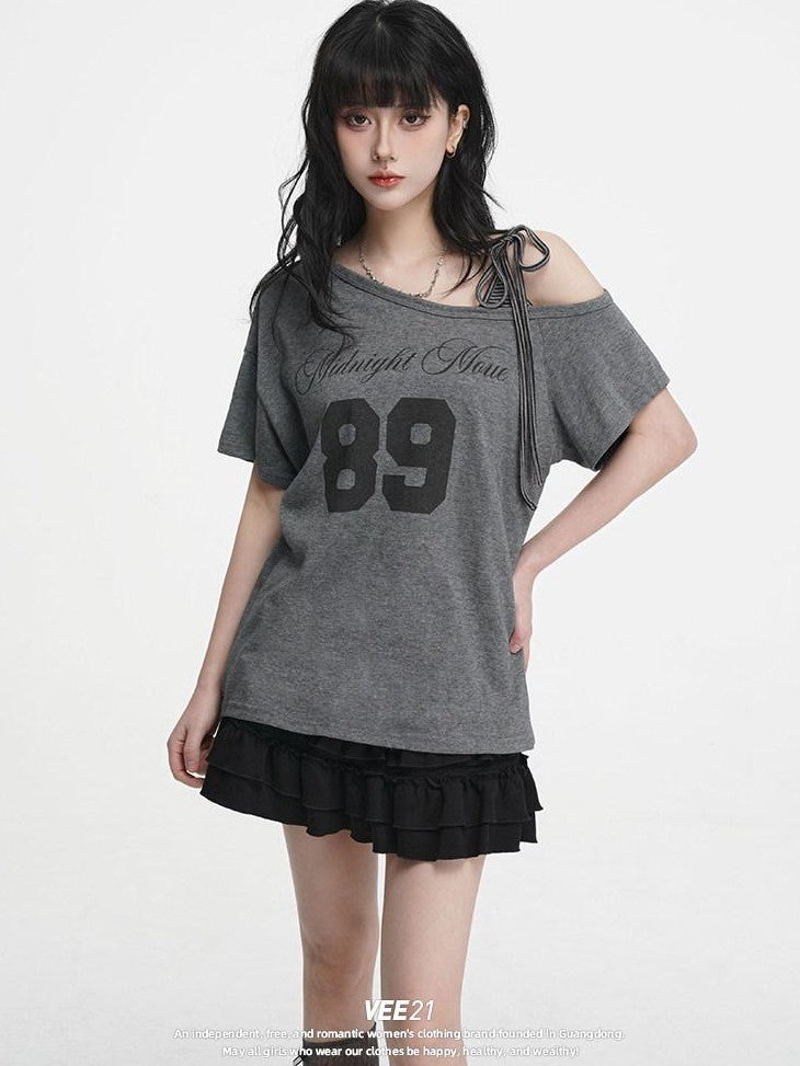 VEEMIX Gray Tie Strap Asymmetric Letter Print Women's Cotton Off-shoulder T-shirts