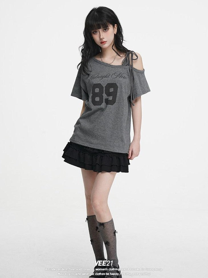 VEEMIX Gray Tie Strap Asymmetric Letter Print Women's Cotton Off-shoulder T-shirts