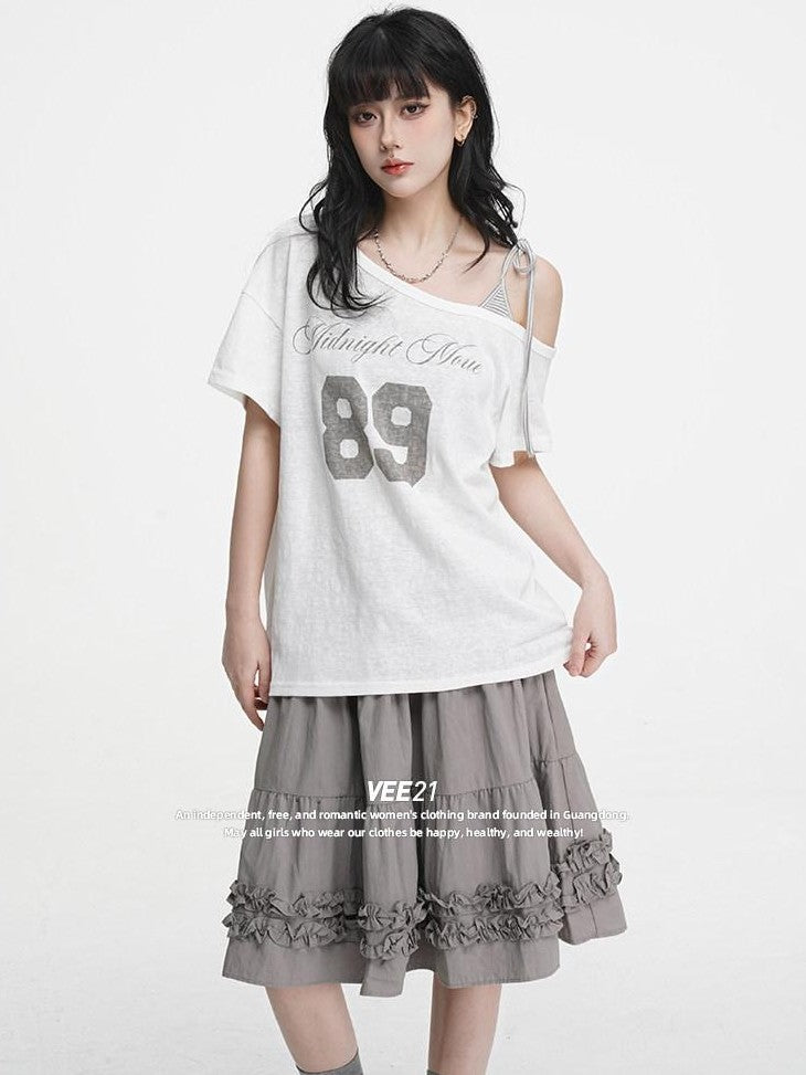VEEMIX Gray Tie Strap Asymmetric Letter Print Women's Cotton Off-shoulder T-shirts