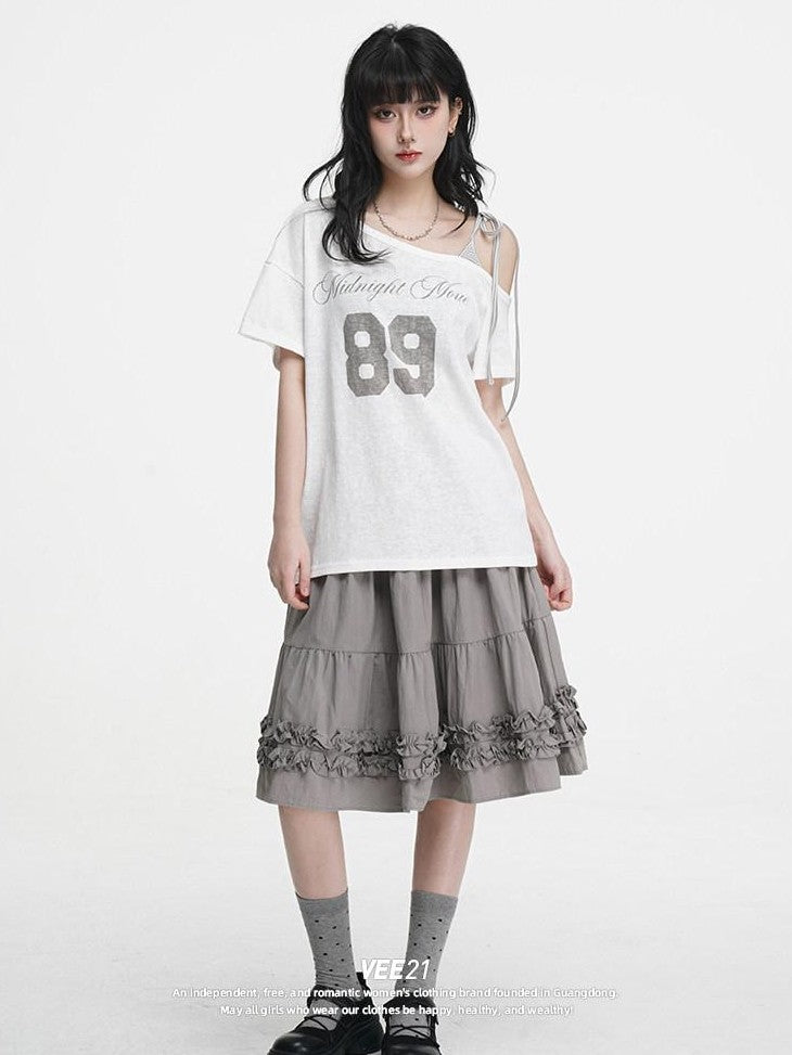 VEEMIX Gray Tie Strap Asymmetric Letter Print Women's Cotton Off-shoulder T-shirts