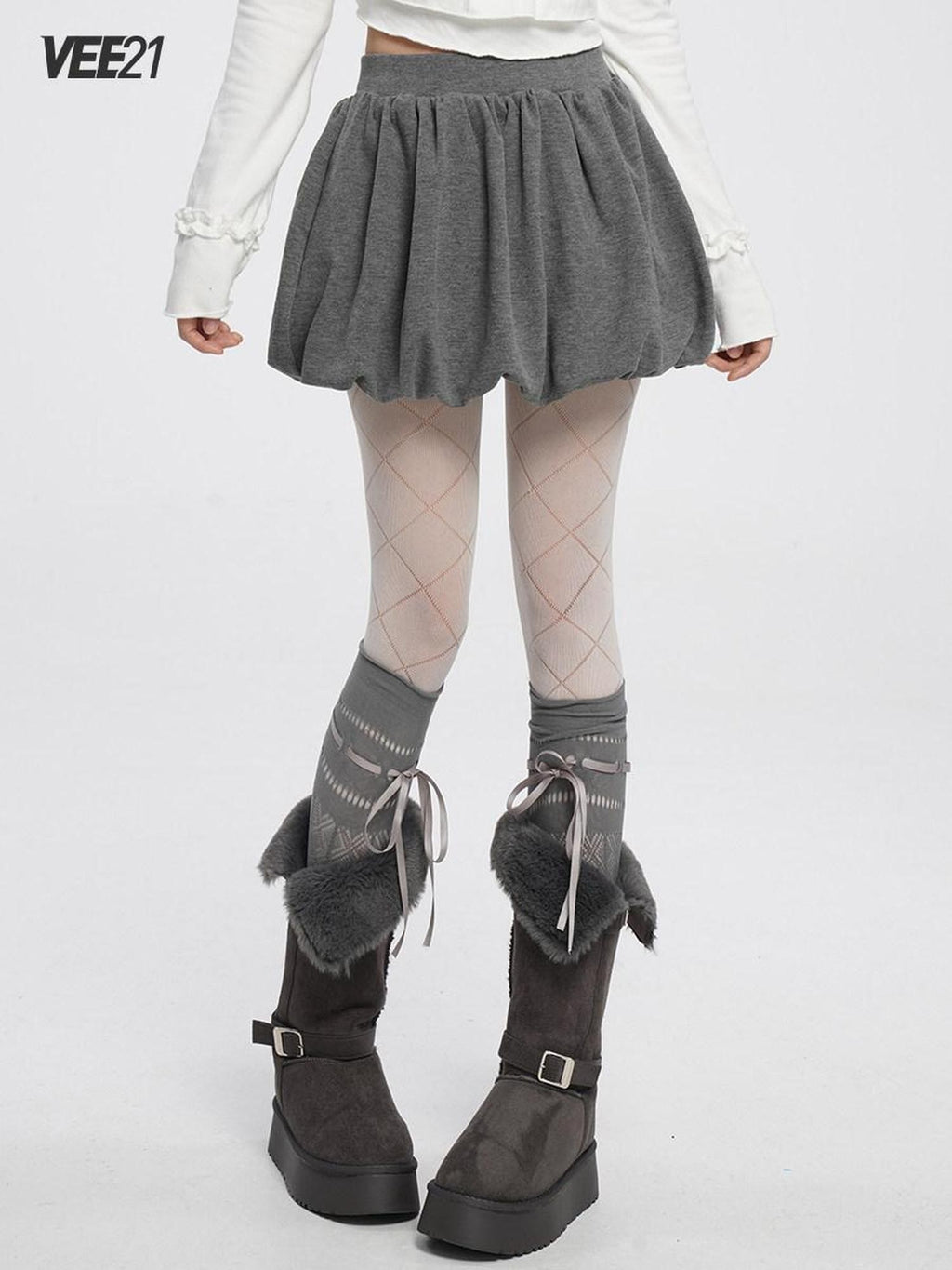 VEEMIX Grey Brushed Fleece Pleated Puffed Women's Polyester Cotton Blend Mini Skirts