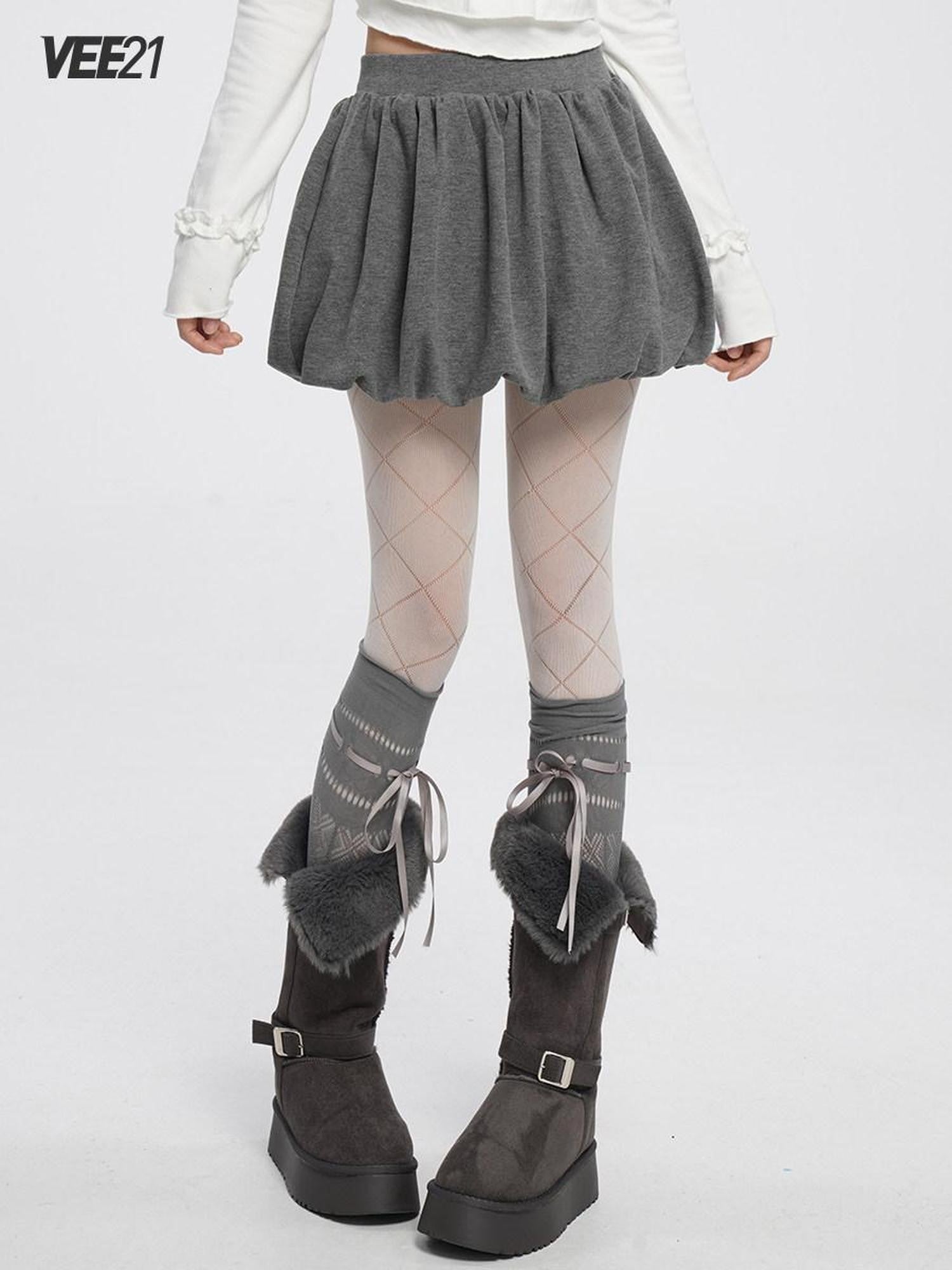 VEEMIX Grey Brushed Fleece Pleated Puffed Women's Polyester Cotton Blend Mini Skirts