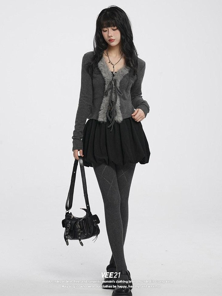 VEEMIX Grey Brushed Fleece Pleated Puffed Women's Polyester Cotton Blend Mini Skirts