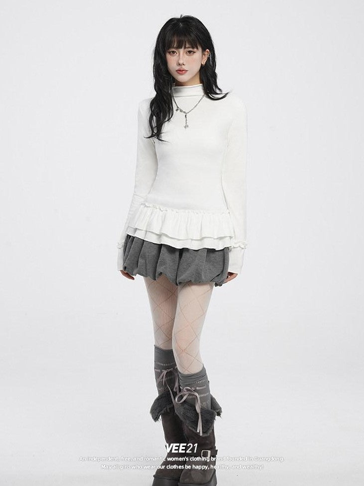 VEEMIX Grey Brushed Fleece Pleated Puffed Women's Polyester Cotton Blend Mini Skirts