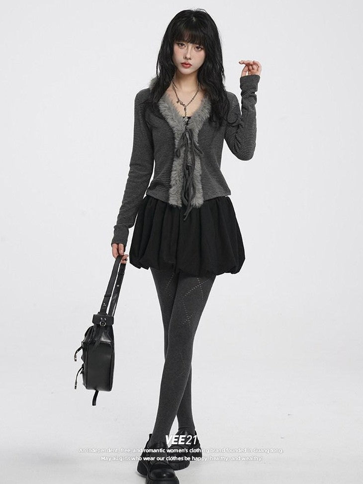 VEEMIX Grey Brushed Fleece Pleated Puffed Women's Polyester Cotton Blend Mini Skirts