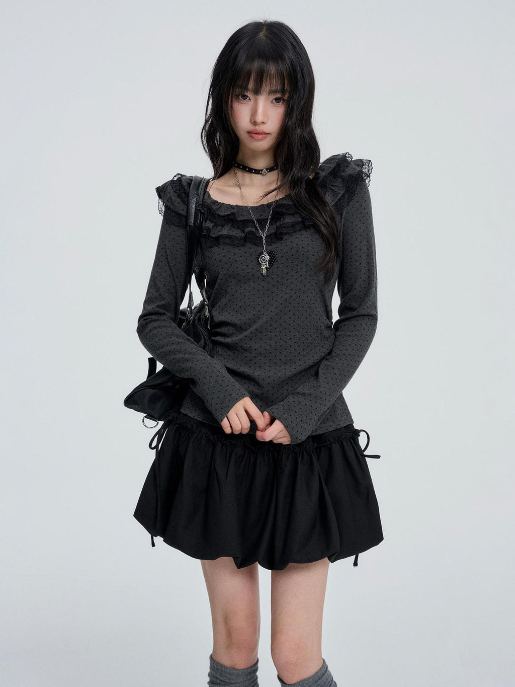 VEEMIX Grey Bubble Puff Pleated High Waist Women's Cotton Mini Skirts