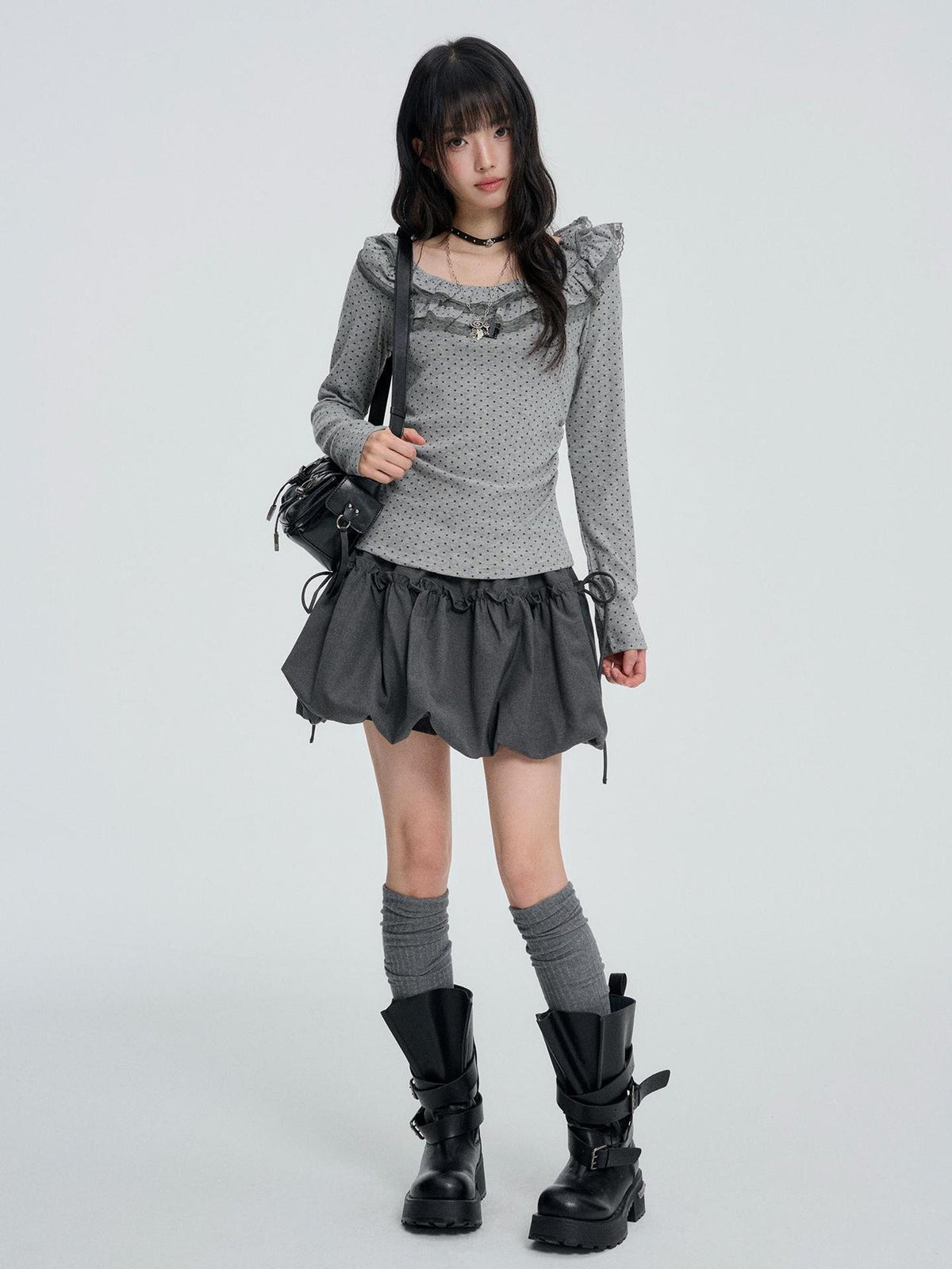VEEMIX Grey Bubble Puff Pleated High Waist Women's Cotton Mini Skirts