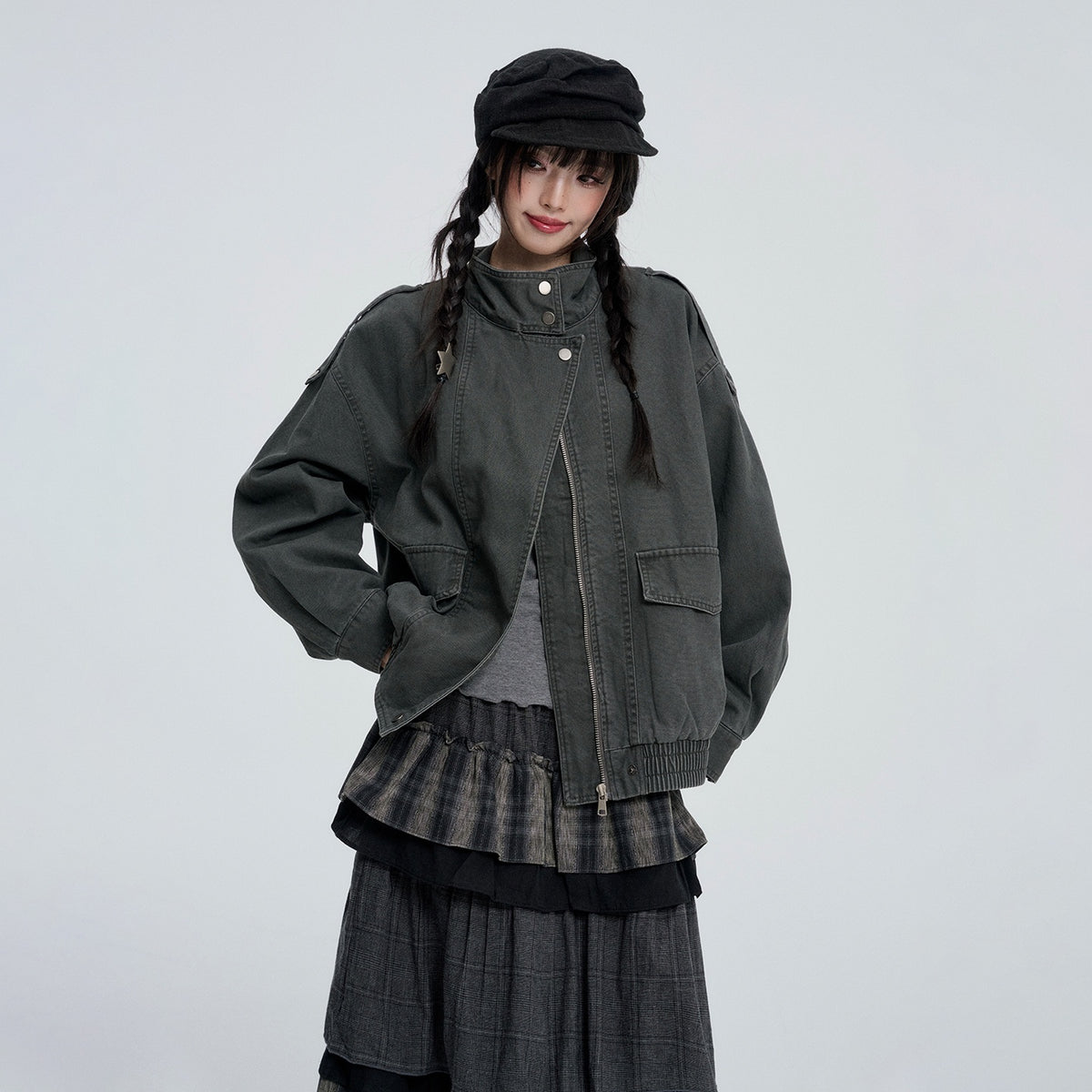VEEMIX_Grey_Cropped_Zip_Button_Loose_Fit_Cotton_Blend_Women's_Utility_Jackets_1083669307363_MISSTT