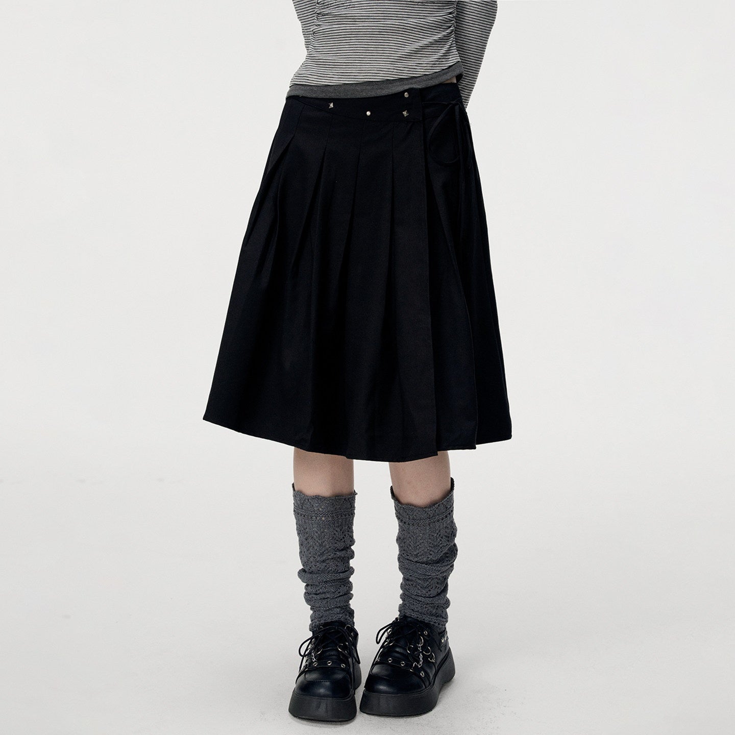 VEEMIX_Grey_Hand_Pleated_Side_Slit_High_Waist_Tie_Women's_Cotton_Blend_Pleated_Skirts_1071844919990_MISSTT