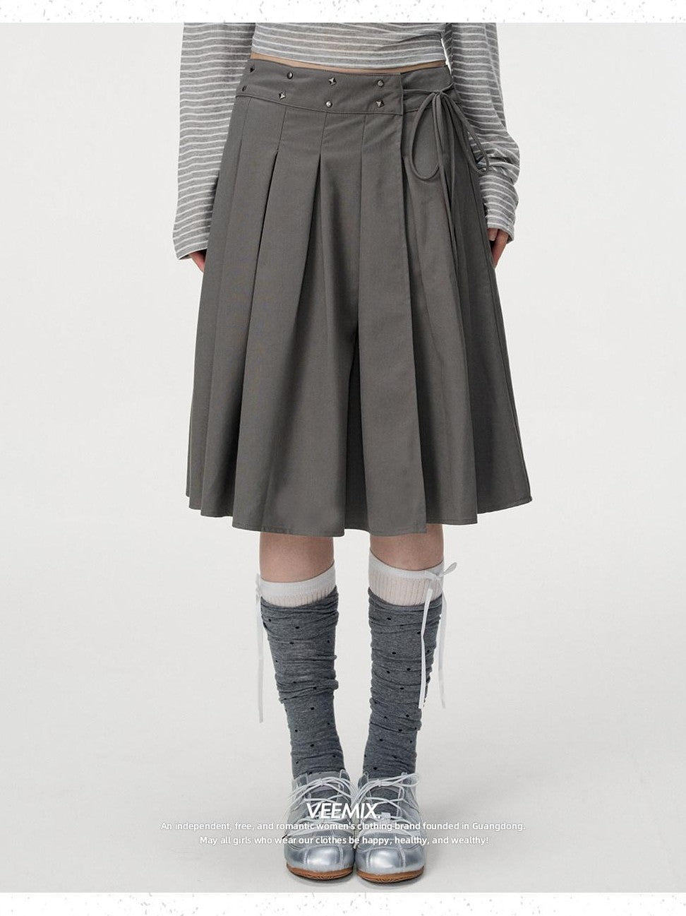 VEEMIX Grey Hand Pleated Side Slit High Waist Tie Women's Cotton Blend Pleated Skirts