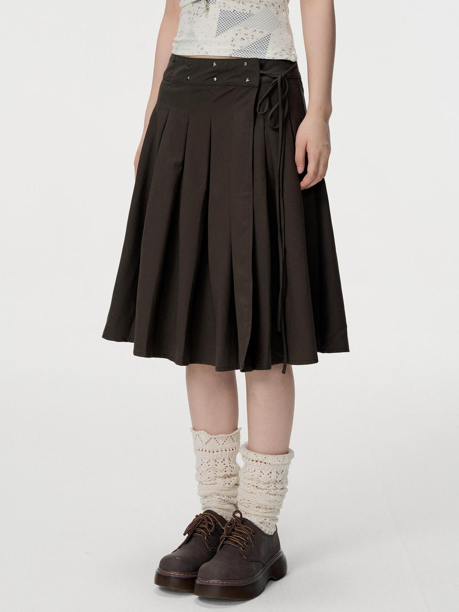 VEEMIX Grey Hand Pleated Side Slit High Waist Tie Women's Cotton Blend Pleated Skirts
