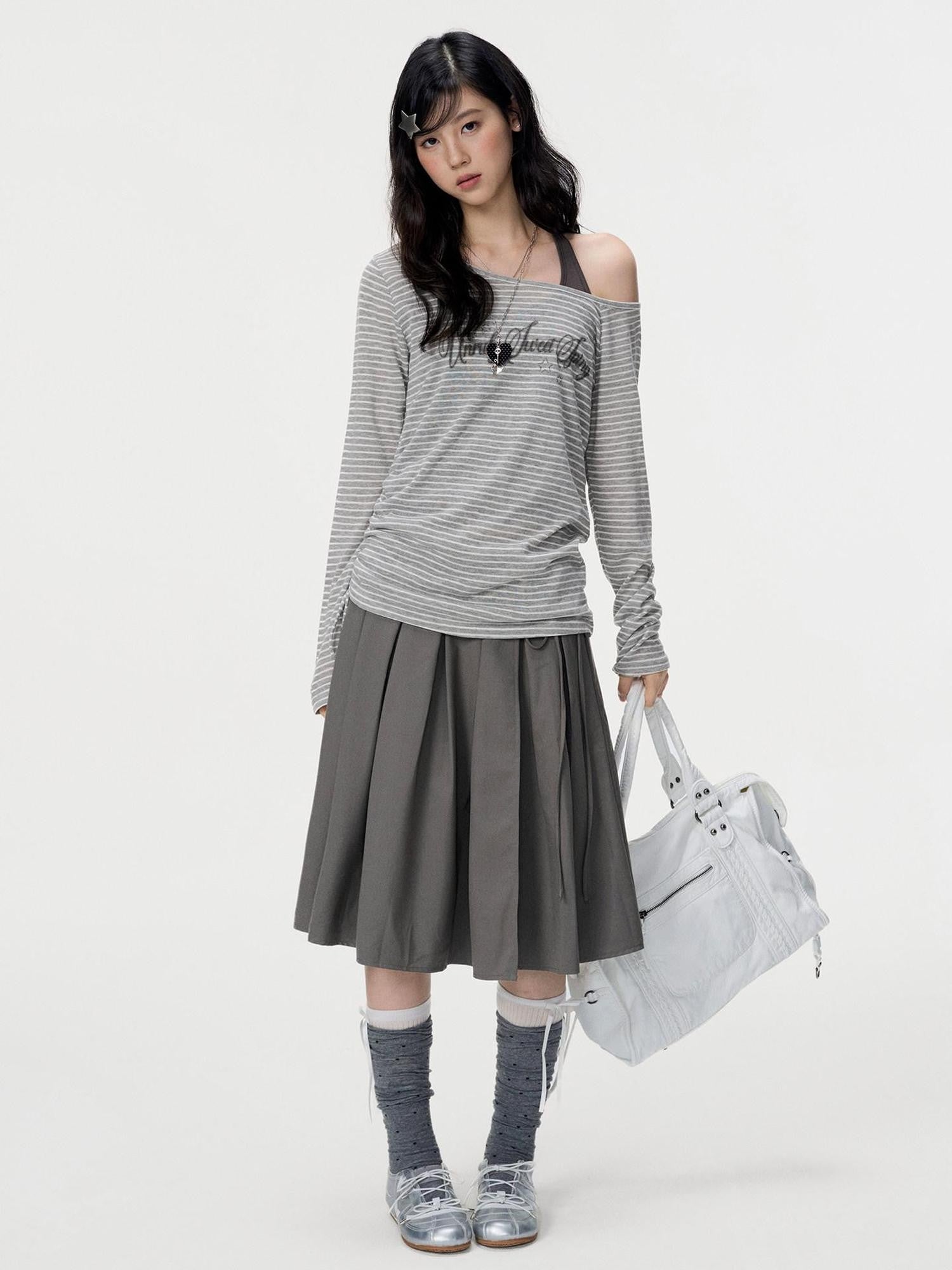 VEEMIX Grey Hand Pleated Side Slit High Waist Tie Women's Cotton Blend Pleated Skirts