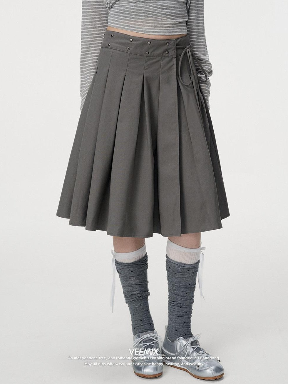 VEEMIX Grey Hand Pleated Side Slit High Waist Tie Women's Cotton Blend Pleated Skirts