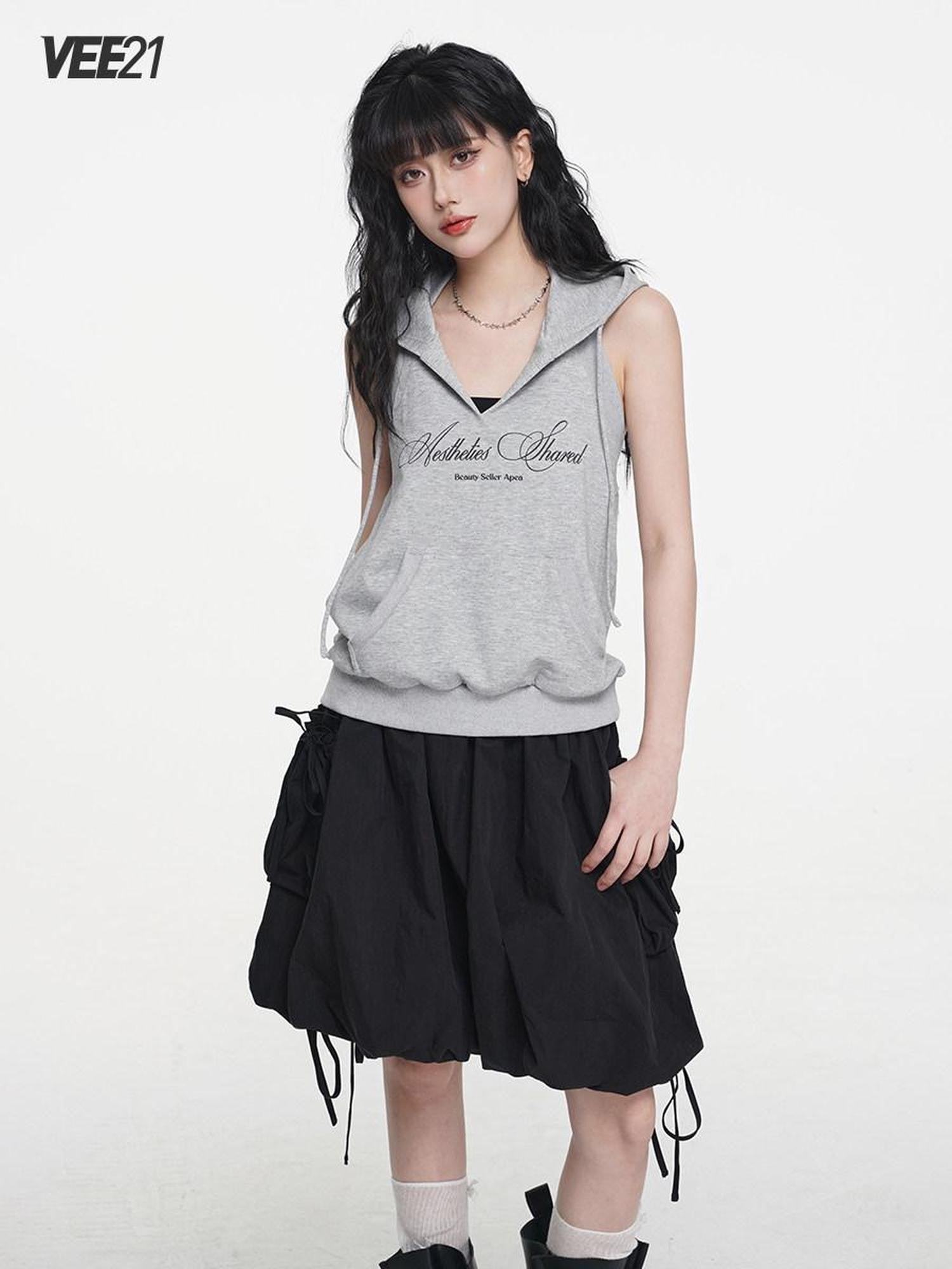 VEEMIX Grey Hooded Open Back Letter Print Women's Combed Cotton Tank Tops