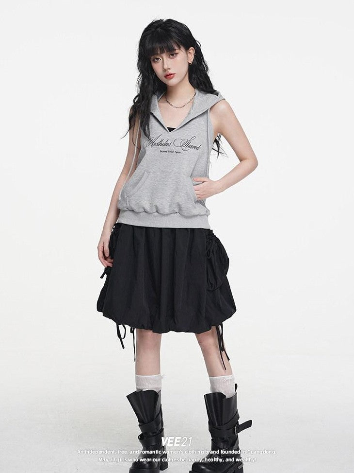 VEEMIX Grey Hooded Open Back Letter Print Women's Combed Cotton Tank Tops