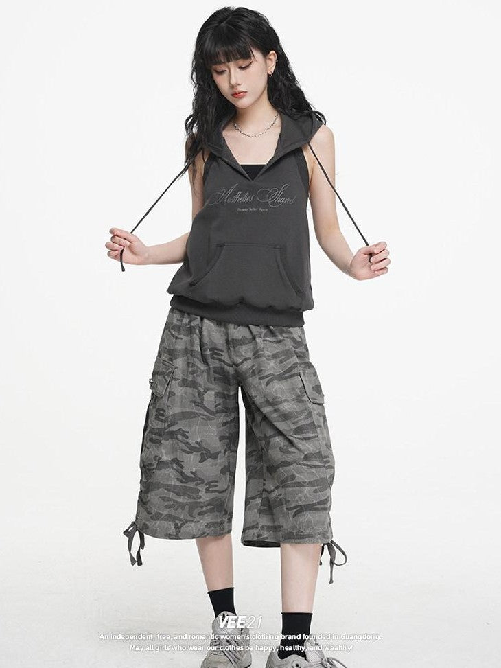 VEEMIX Grey Hooded Open Back Letter Print Women's Combed Cotton Tank Tops