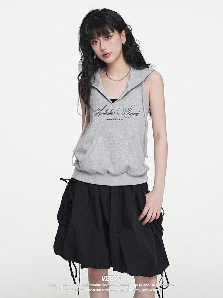 VEEMIX Grey Hooded Open Back Letter Print Women's Combed Cotton Tank Tops