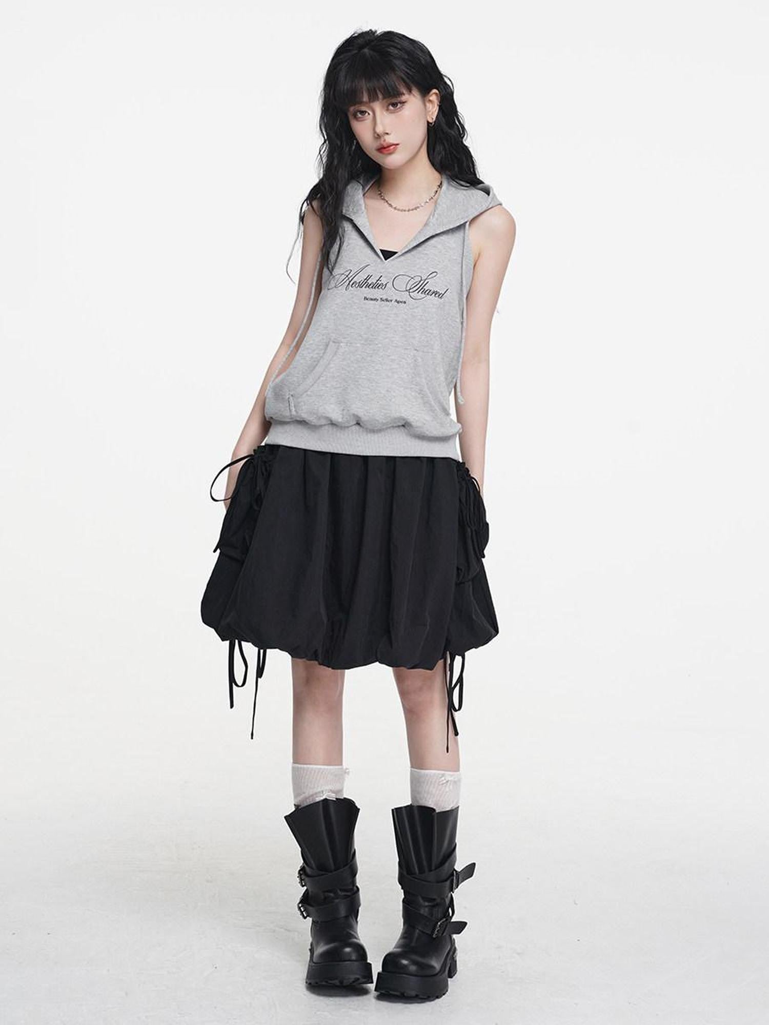 VEEMIX Grey Hooded Open Back Letter Print Women's Combed Cotton Tank Tops