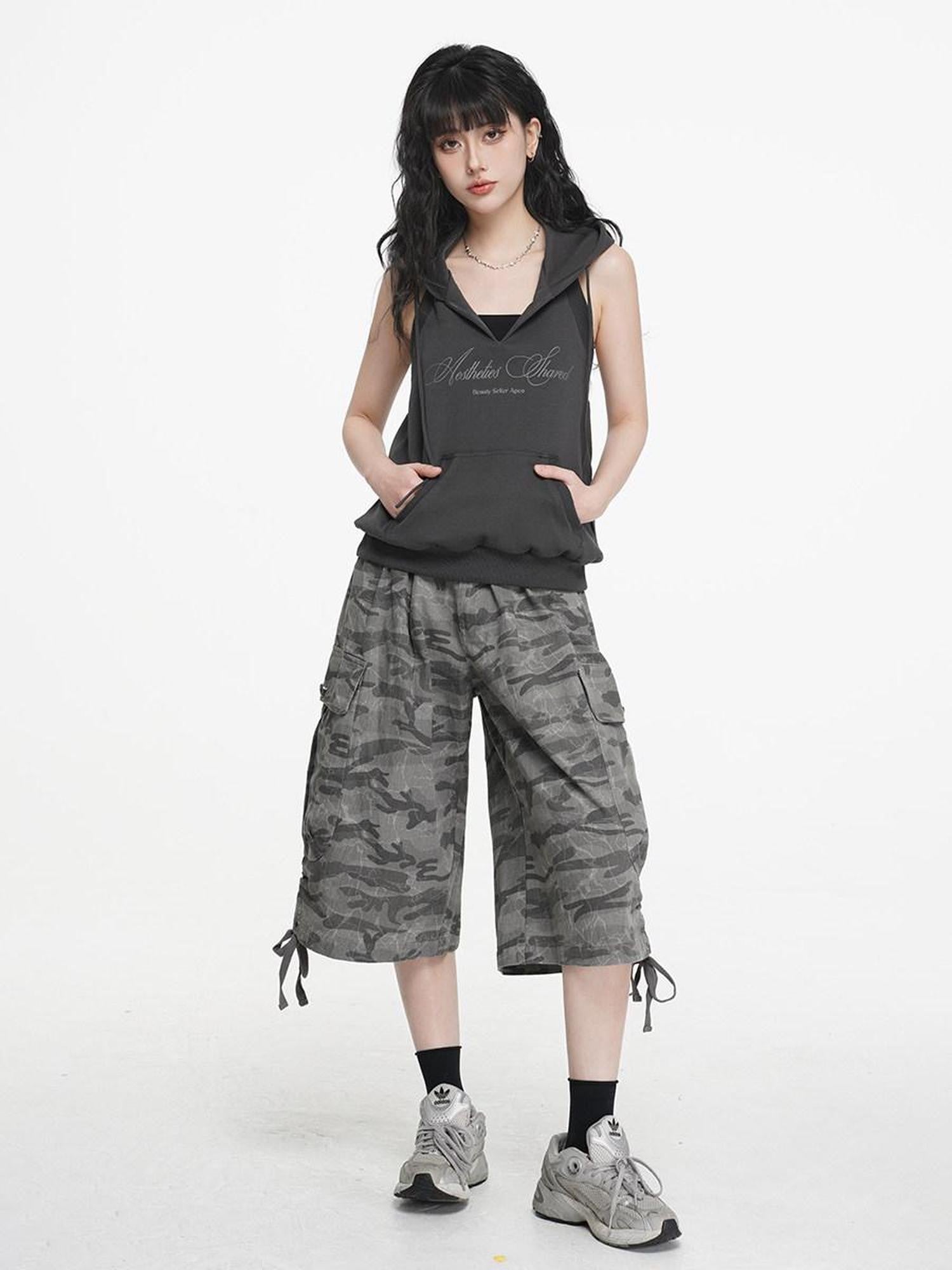 VEEMIX Grey Hooded Open Back Letter Print Women's Combed Cotton Tank Tops