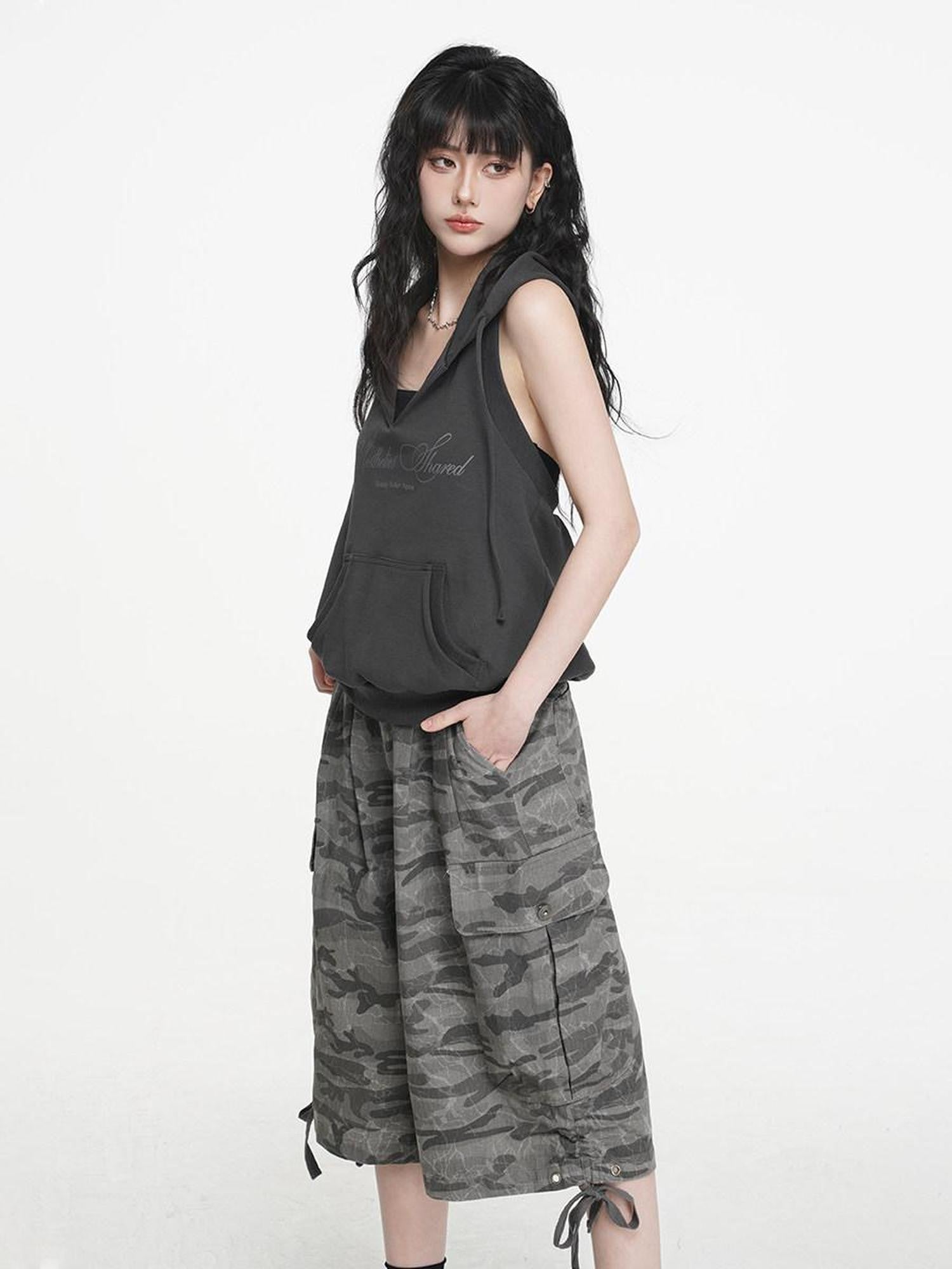 VEEMIX Grey Hooded Open Back Letter Print Women's Combed Cotton Tank Tops