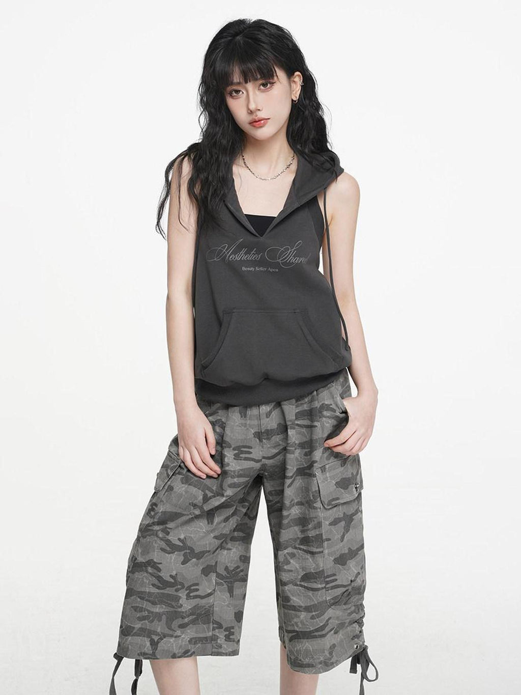 VEEMIX Grey Hooded Open Back Letter Print Women's Combed Cotton Tank Tops
