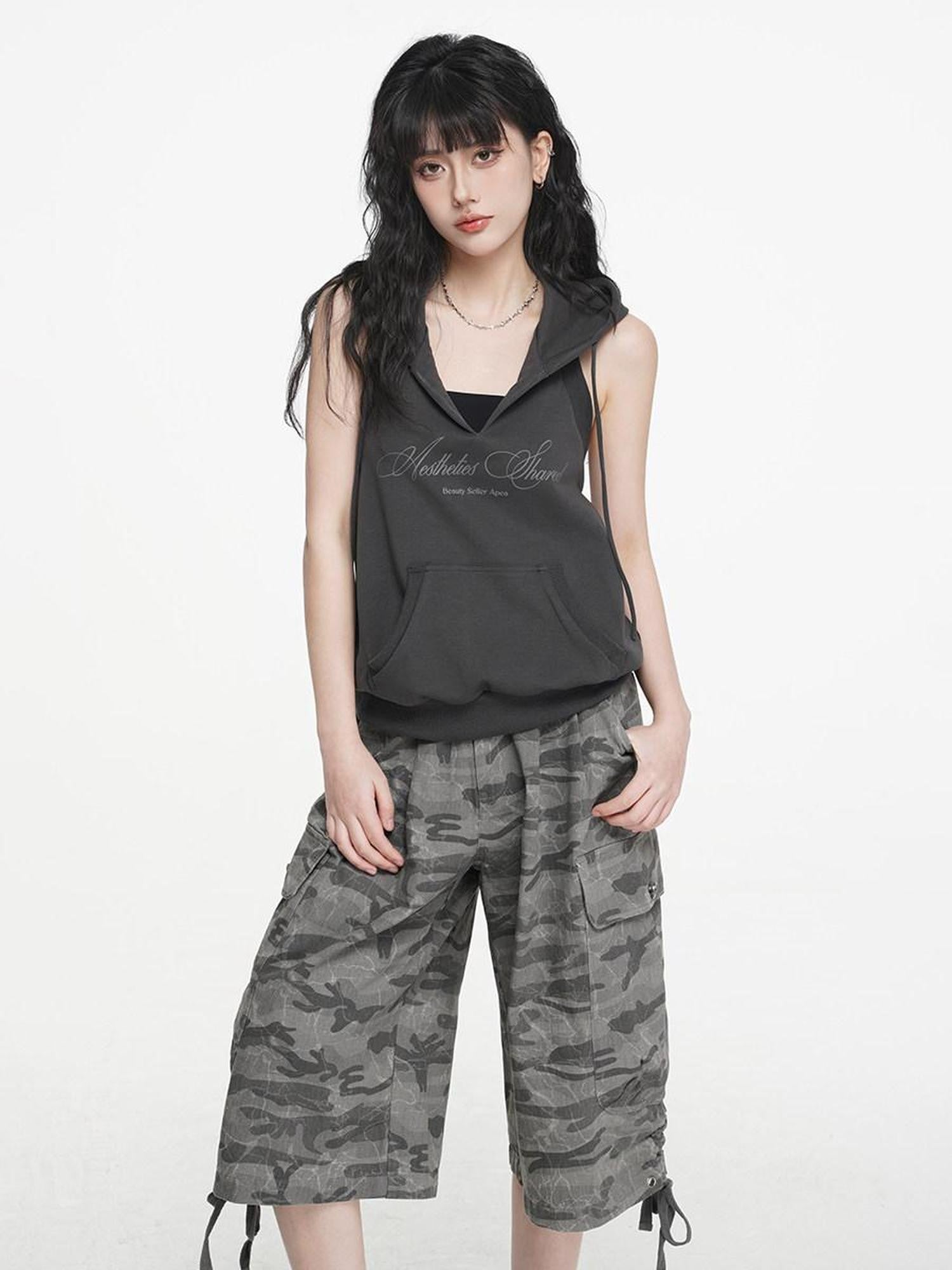 VEEMIX Grey Hooded Open Back Letter Print Women's Combed Cotton Tank Tops