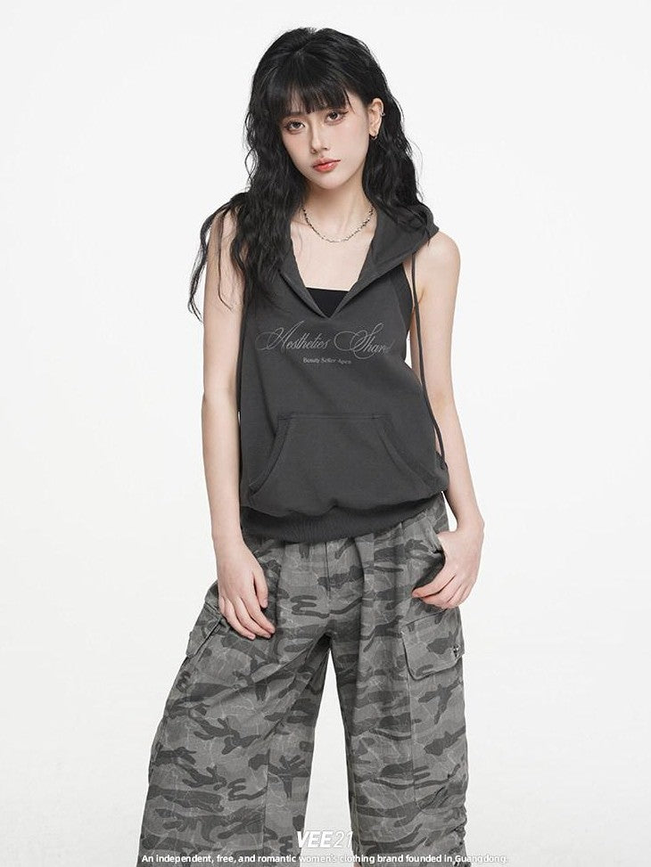 VEEMIX Grey Hooded Open Back Letter Print Women's Combed Cotton Tank Tops