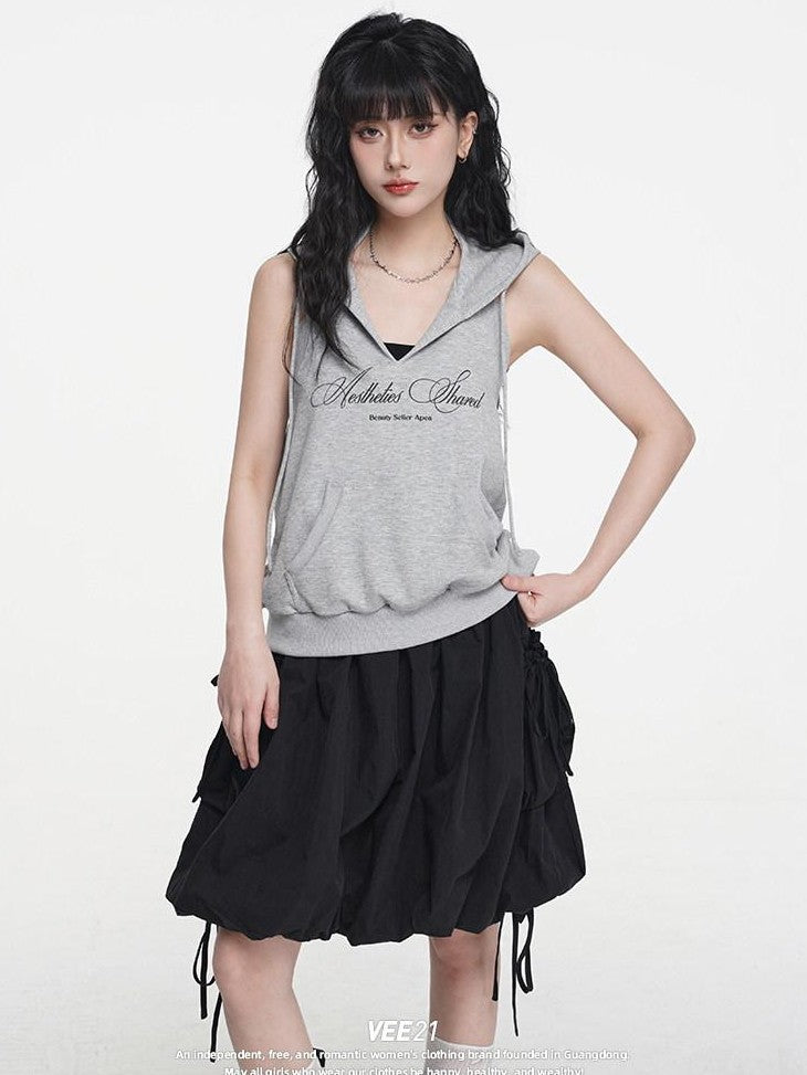 VEEMIX Grey Hooded Open Back Letter Print Women's Combed Cotton Tank Tops