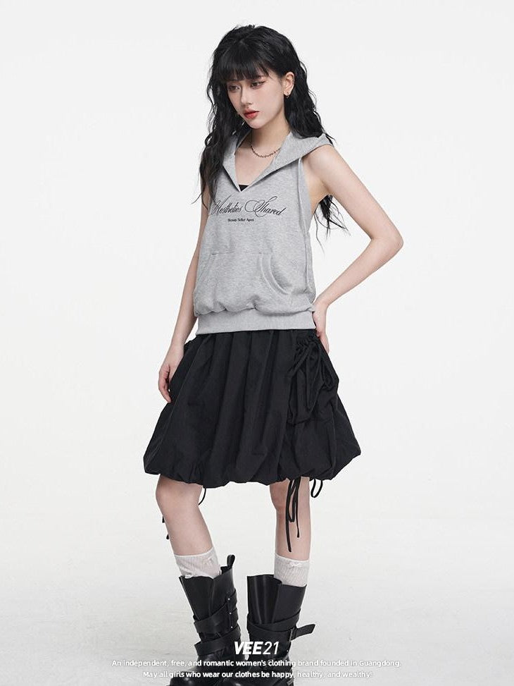 VEEMIX Grey Hooded Open Back Letter Print Women's Combed Cotton Tank Tops