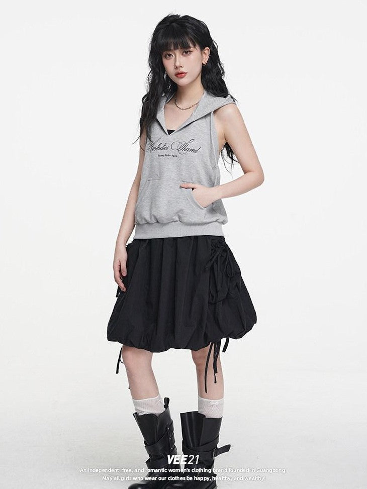 VEEMIX Grey Hooded Open Back Letter Print Women's Combed Cotton Tank Tops