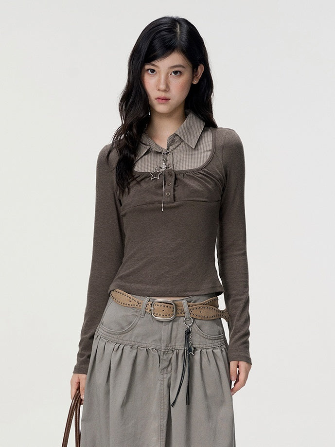 VEEMIX_Grey_Plaid_Layered_Look_Pleated_Women's_Cotton_Long_Sleeve_T-shirts_1073659832409_MISSTT