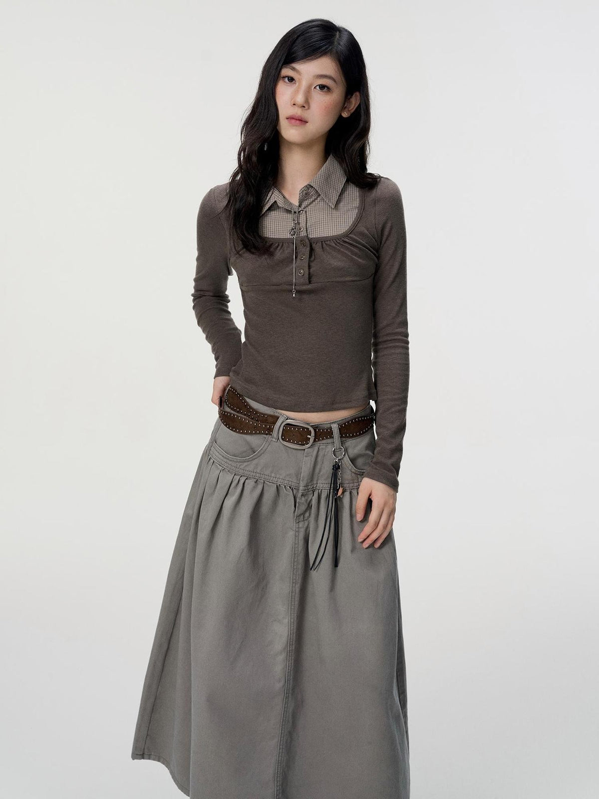 VEEMIX Grey Plaid Layered Look Pleated Women's Cotton Long Sleeve T-shirts