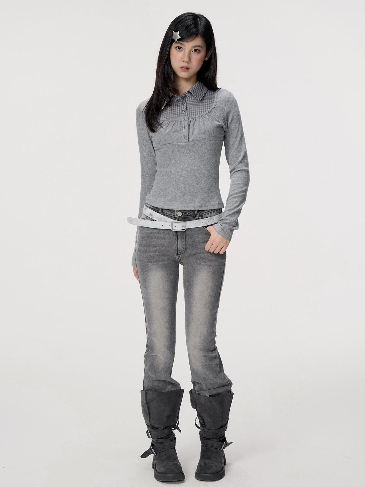 VEEMIX Grey Plaid Layered Look Pleated Women's Cotton Long Sleeve T-shirts