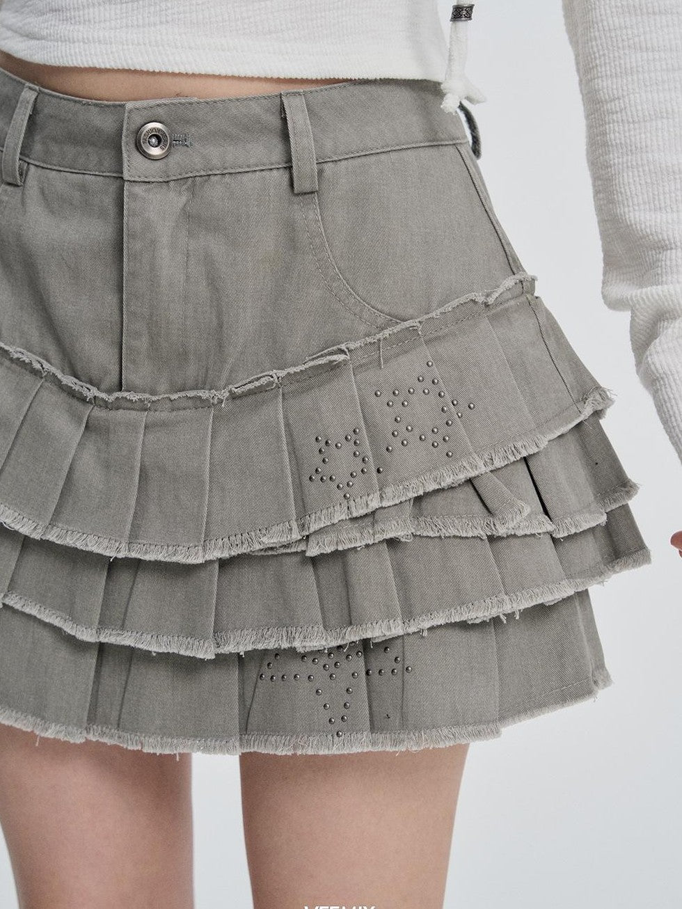 VEEMIX Grey Pleated Asymmetric High Waist Washed Denim Women's Cotton Mini Skirts
