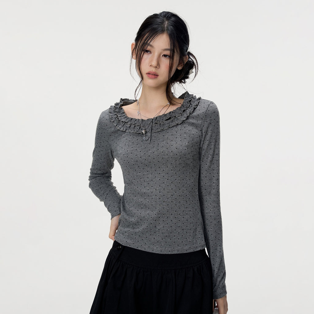 VEEMIX_Grey_Polka_Dot_Ruffle_Trim_Ruched_Slim_Fit_Women's_Long_Sleeve_T-shirts_1071657579633_MISSTT
