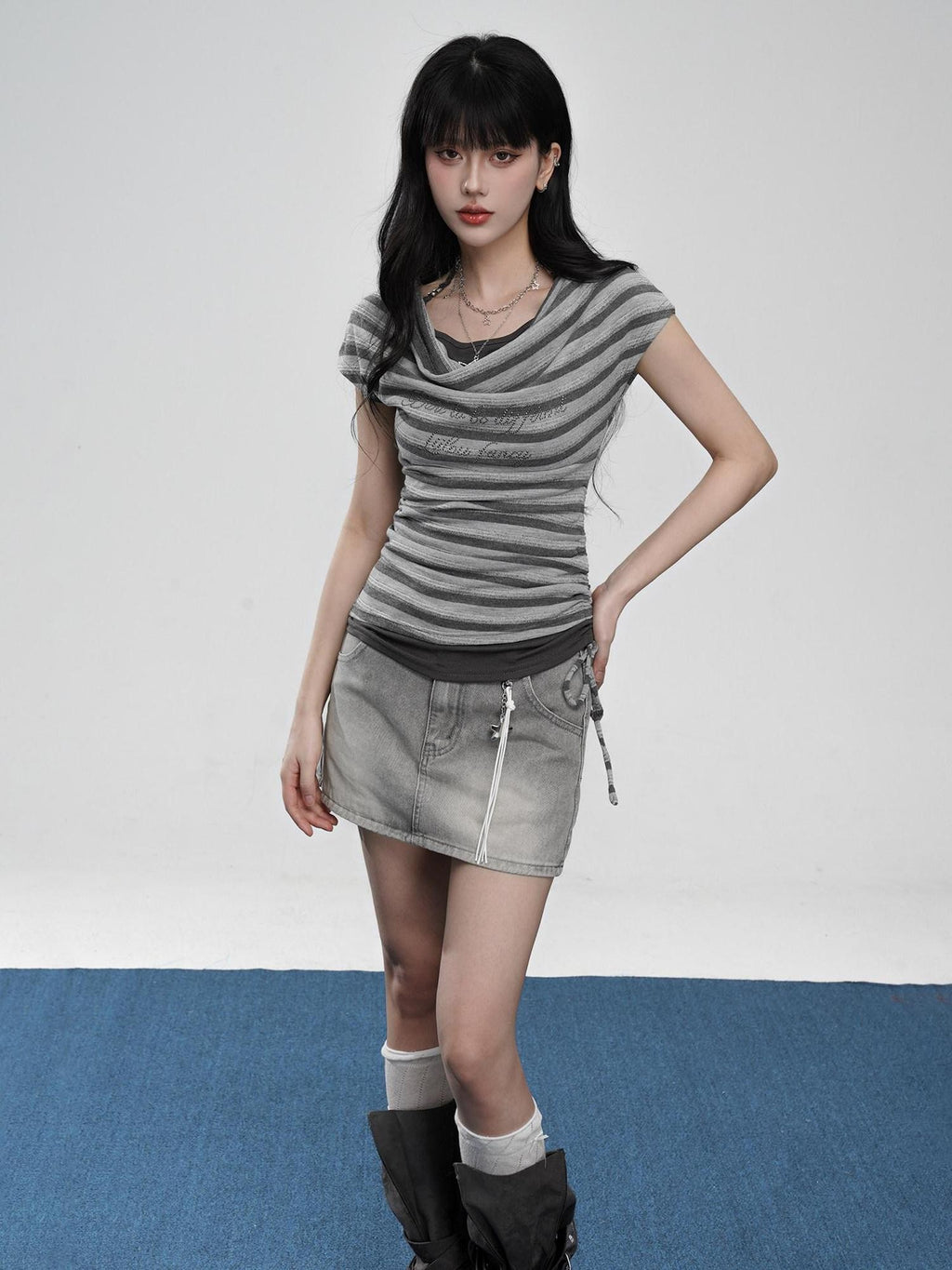 VEEMIX Grey Striped Faux Layered Halter Cowl Women's Poly Cotton Short Sleeve T-shirts