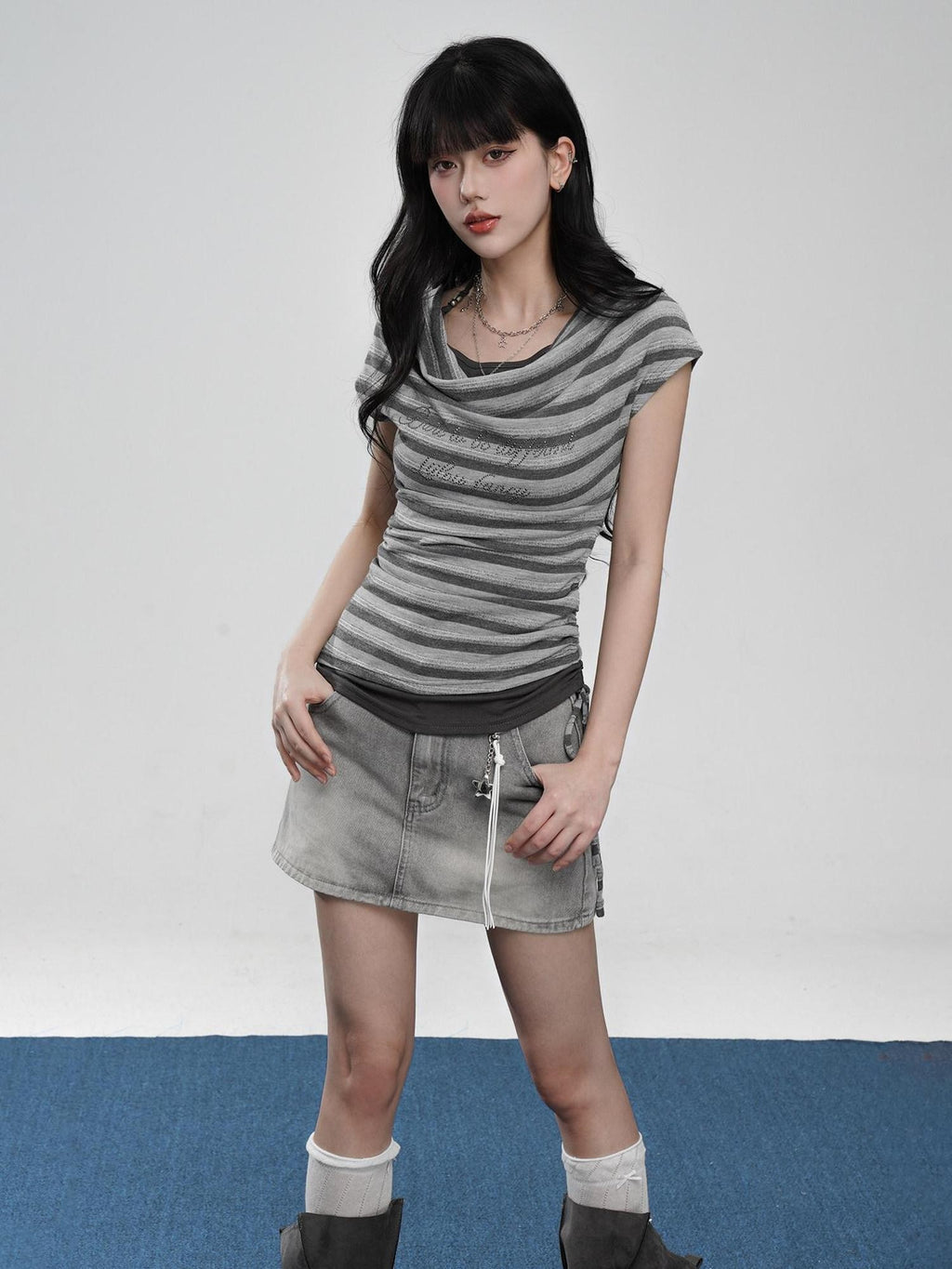 VEEMIX Grey Striped Faux Layered Halter Cowl Women's Poly Cotton Short Sleeve T-shirts